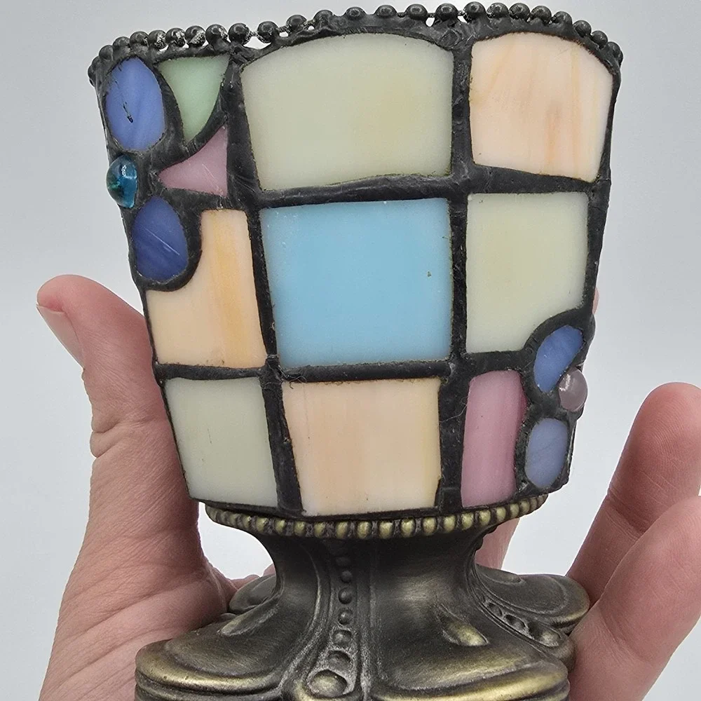 PartyLite Stained Glass Votive Candle Holder Mosaic Pastel Floral Metal Base - Picture 6 of 9